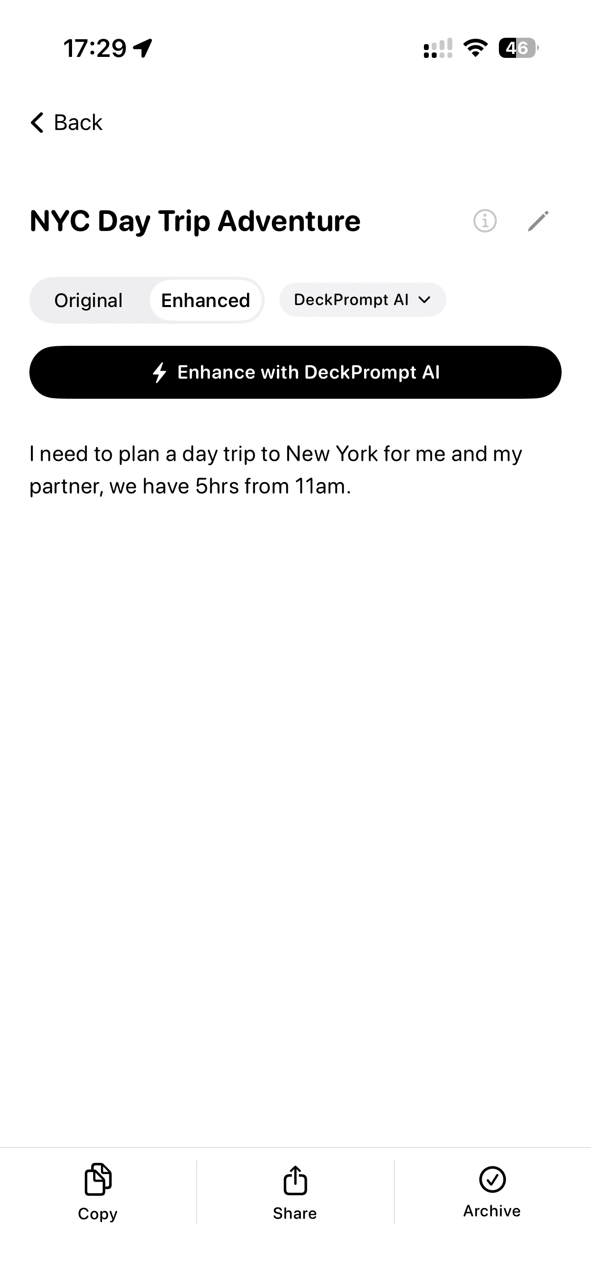 DeckPrompt asking clarifying questions about the trip