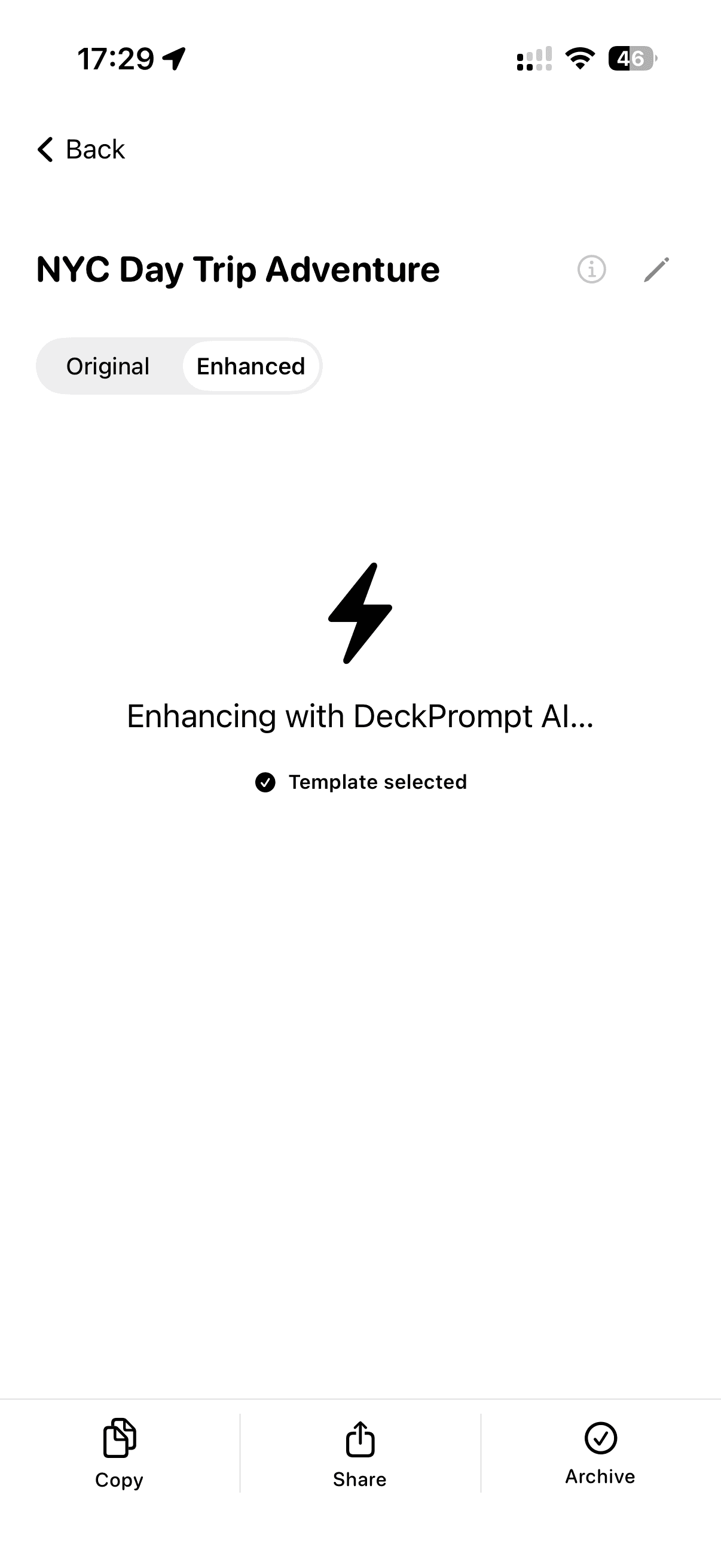 DeckPrompt generating a professional prompt for the trip